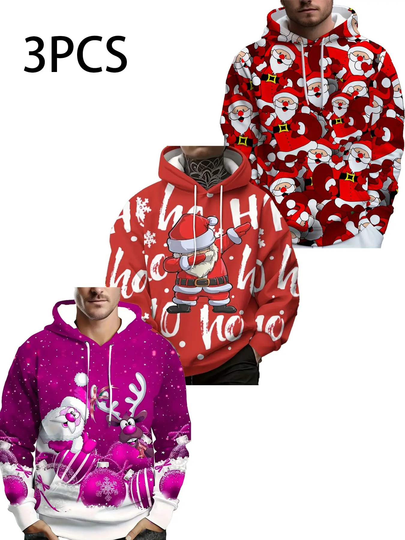 3-Pack Men's Hooded Sweatshirts, Christmas Santa Claus Pattern, Hoho Letters, Reindeer Ball Print, Casual Holiday Top, Long Sleeve