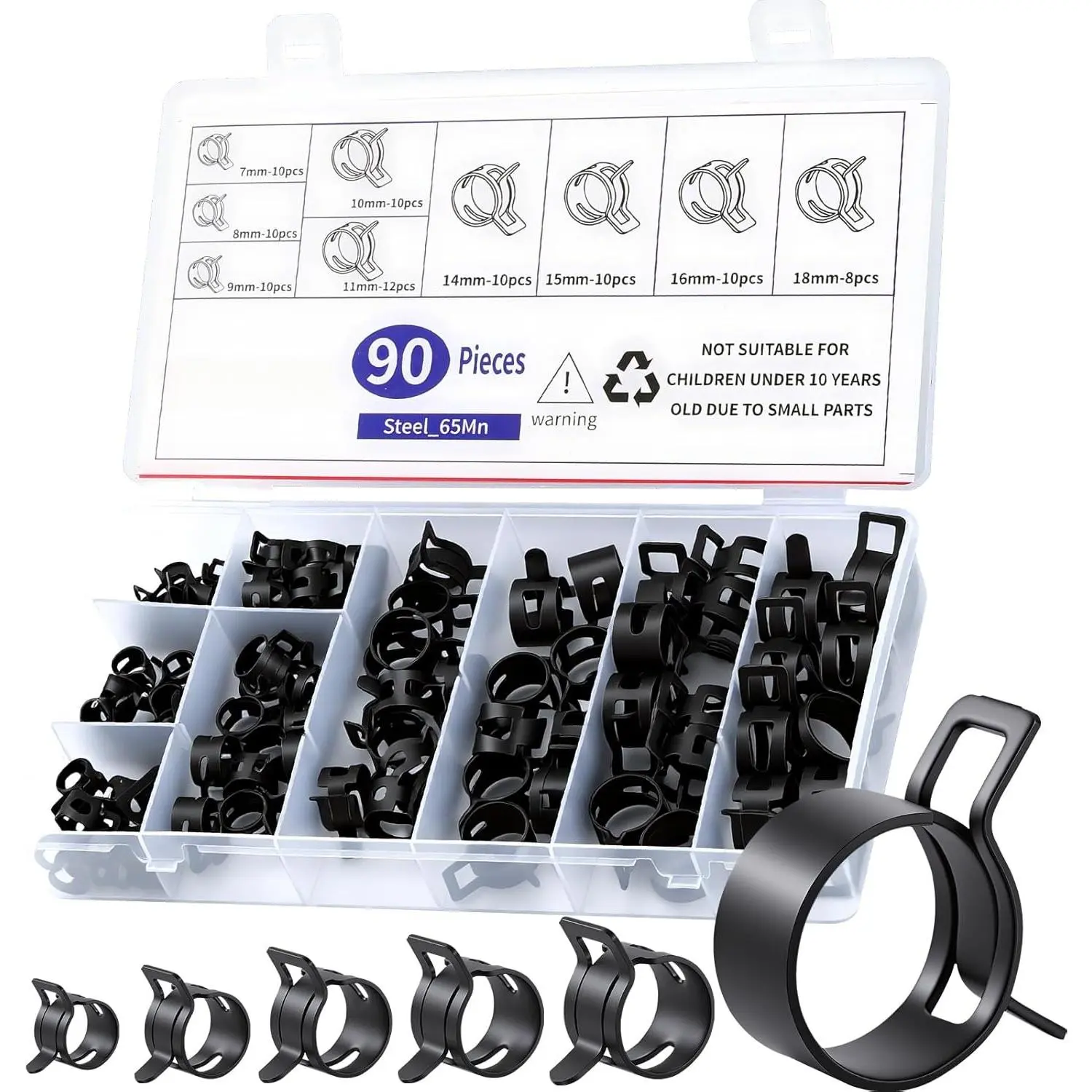 90 count 7-18mm Spring Hose Clamps Kit, Black Small spring Clamp, Constant Tension Steel Clamps for Automotive  Lines,  Vacuum Hoses, Low- Air Clips