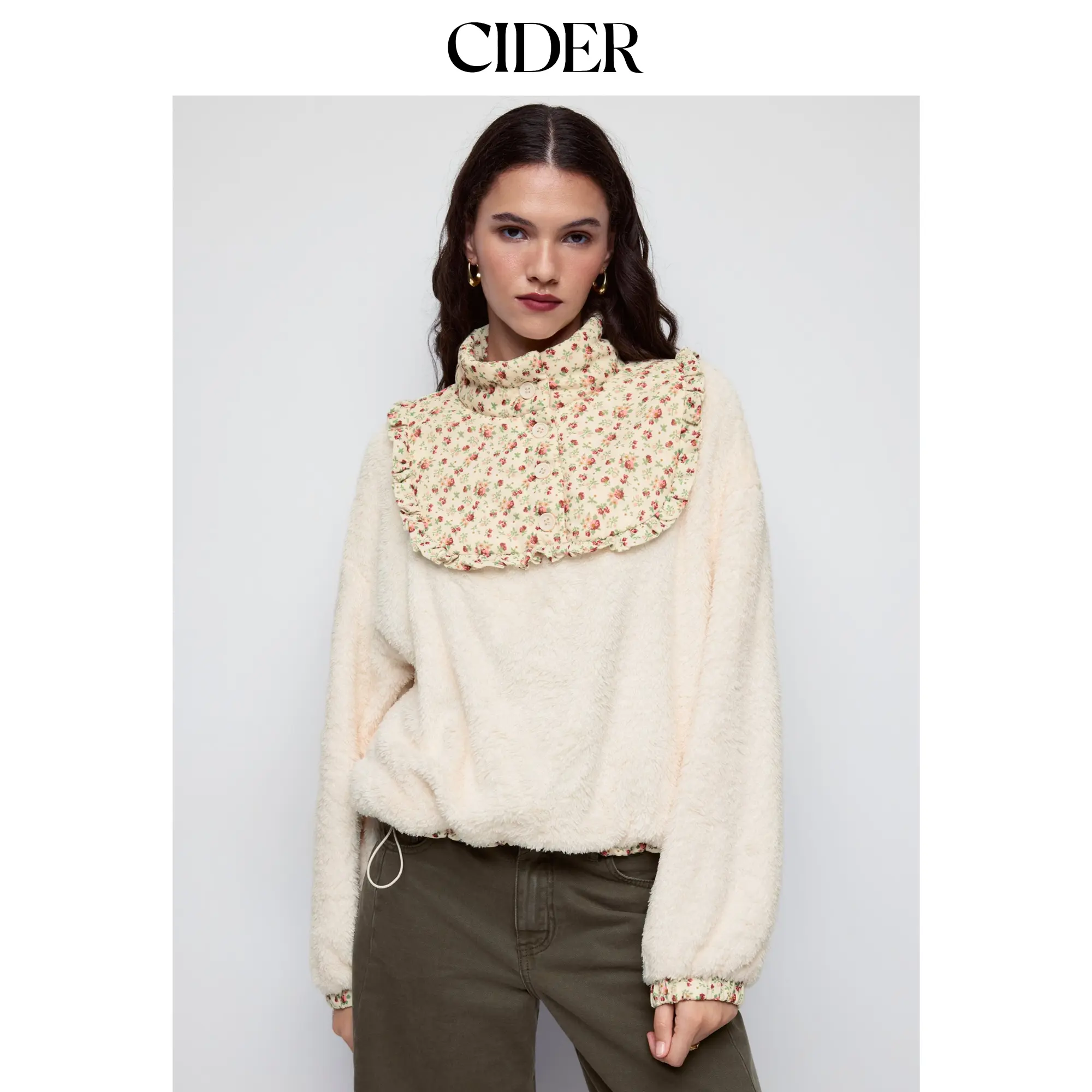 Cider Fleece Floral Graphic Stand Collar Ruffle Drawstring Oversized Sweatshirt