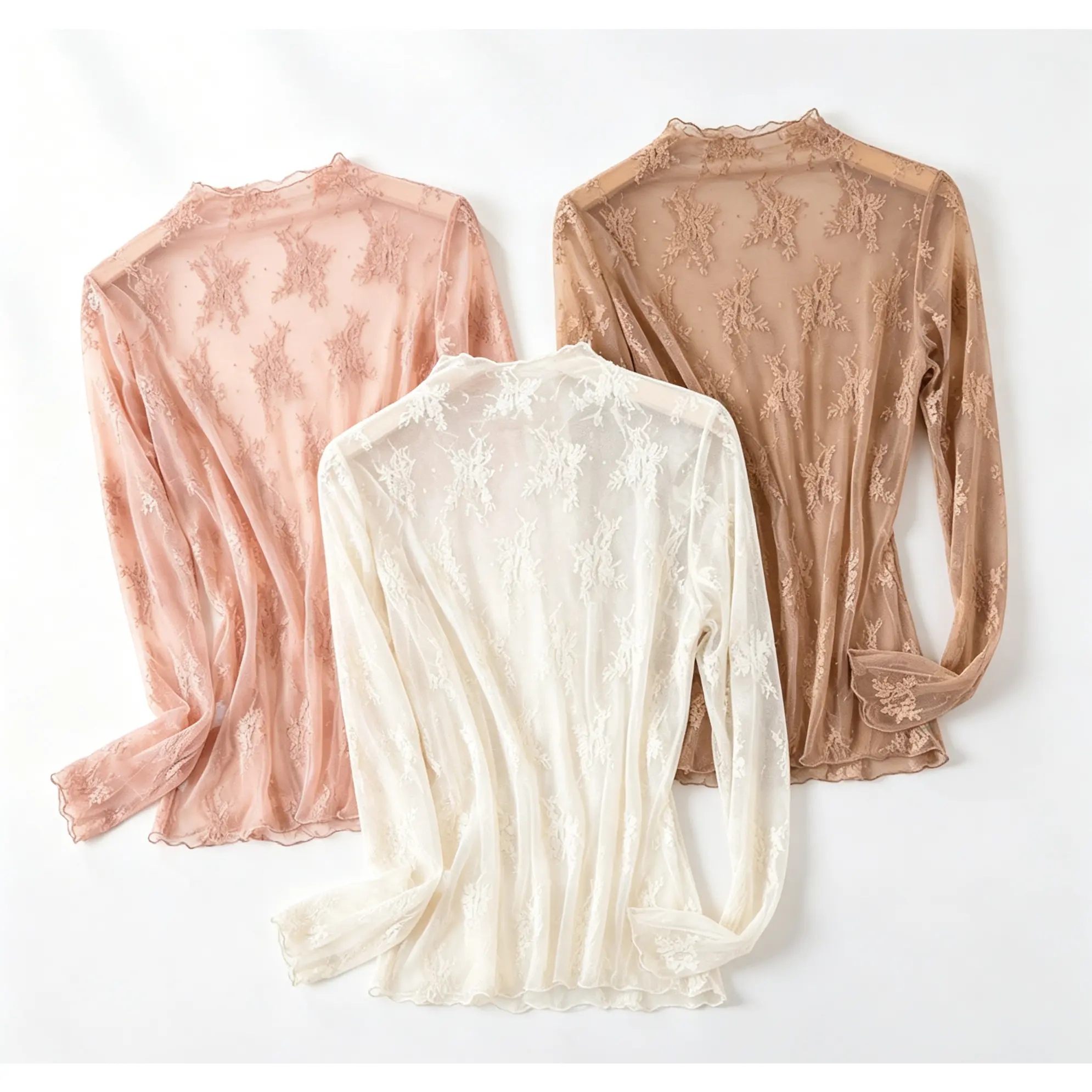 3 Packs Mock Neck Sheer Floral Lace Long Sleeve Shirts Women See Through Mesh Layering Tops
