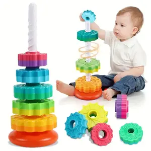 1 Set of Rotating Tower Stacking Toy, Montessori Rainbow Rotating Stacking Tower, Baby Cognitive Learning and Development Toy, Early Education Parent-Child Interactive Puzzle, Color Recognition Toy, Summer Vacation Gift: Rainbow 5-in-1 Rotating Tower with