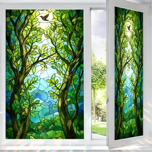 2D Flat Static Cling Forest Trees And Birds Stained Glass Style Window Film Ornament For Living Room And Bedroom Removable