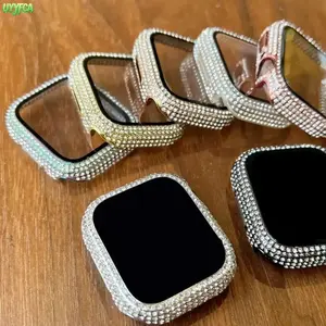 2 In 1 Full Rhinestone Apple Watch Case With Tempered Glass Screen Protector, Bling Diamond Encrusted Bumper Cover, Compatible With Apple Watch SE Series 1-9 For Women Daily Party Office Outfit Accessory,4th of july outfits,summerwins