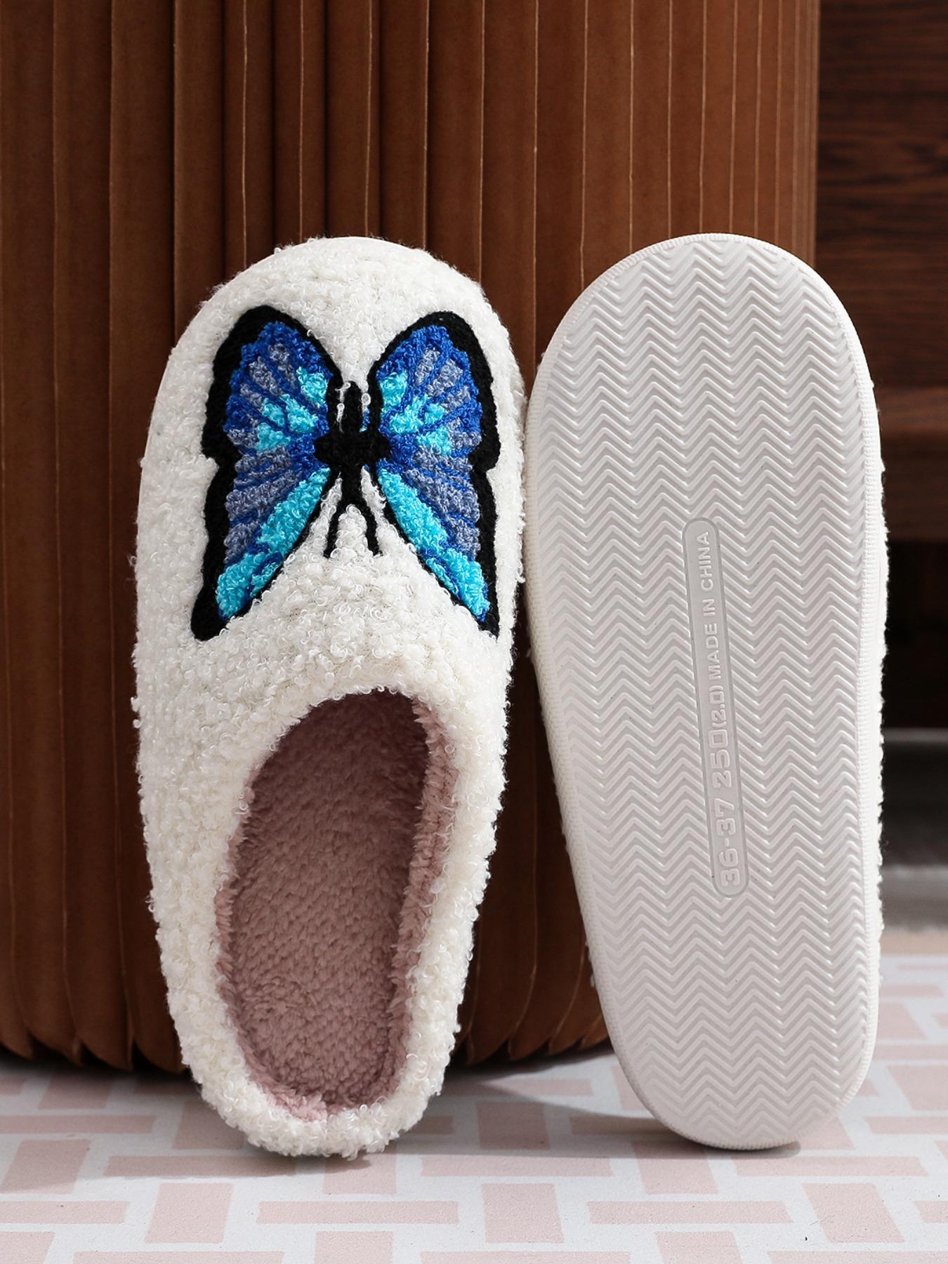 Women's Butterfly Print Plush Slide Slippers, Butterfly Decorated Slides, Butterfly Pattern, Soft Comfy Home Slippers for Summer, Fluffy Bedroom Slippers for Indoor and Outdoor, Footwear