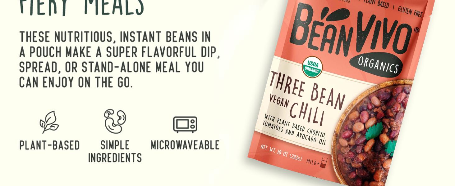 BeanVIVO (6) Organics Plant based Protein Three Bean Vegan Chili  Good Source Fiber  Nutritious  Microwave Meal  GlutenFree Plant Food  10 OZ