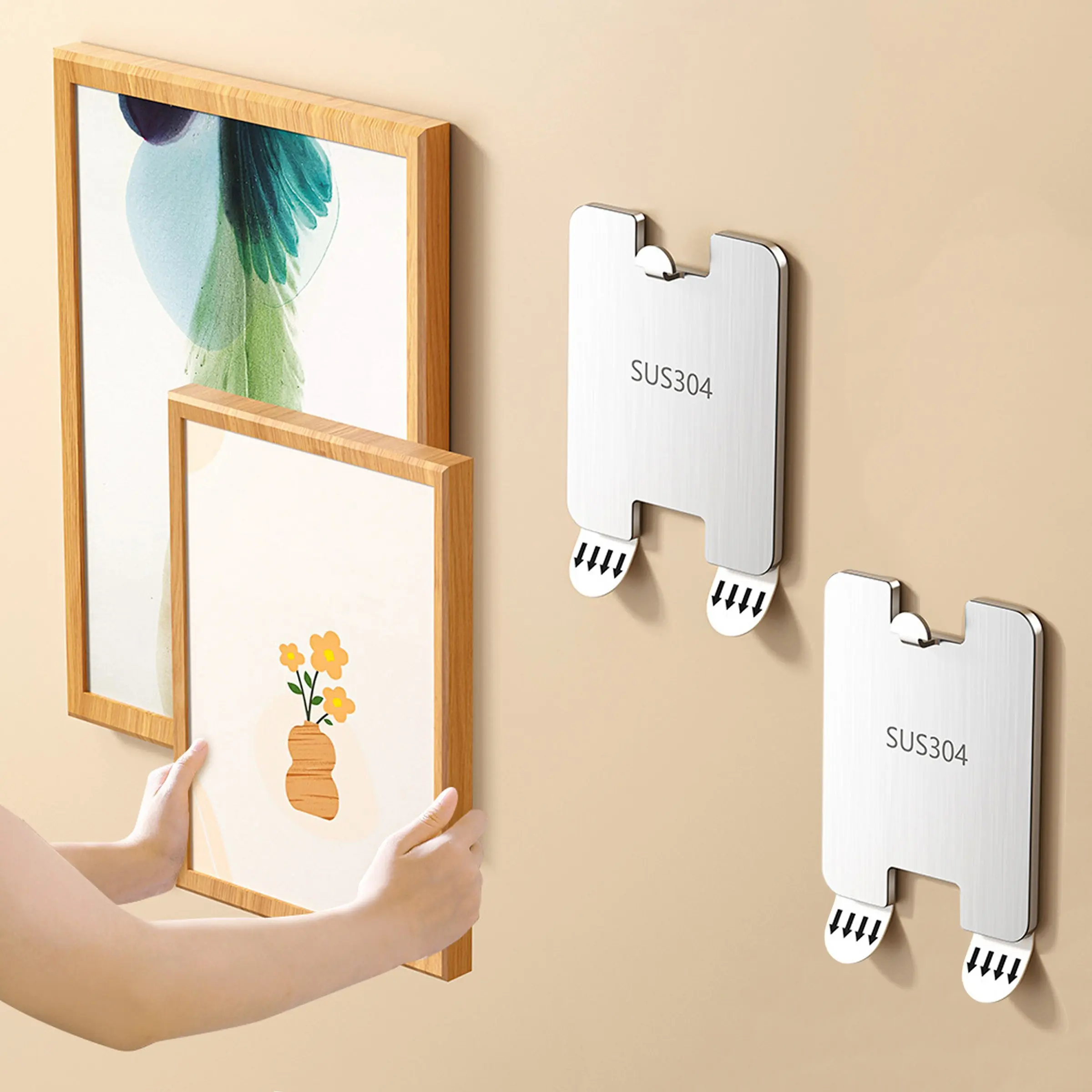 2pcs Stainless Steel Picture Hangers, No-Trace, No-Drilling Art Hangers, Reusable Picture Hooks for Drywall, Plaster Wall, Brick Wall, Hold Picture Frames and Photos, Hanging Hooks