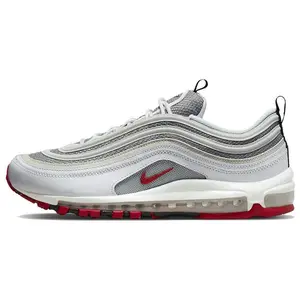 Nike Air Max 97 White Bullet Men's Retro Running Shoes with Fabric Upper, Slip-Resistant Outsole, Breathable Design, and Visible Air Cushioning Verifiable, with credentials and supporting global authentication