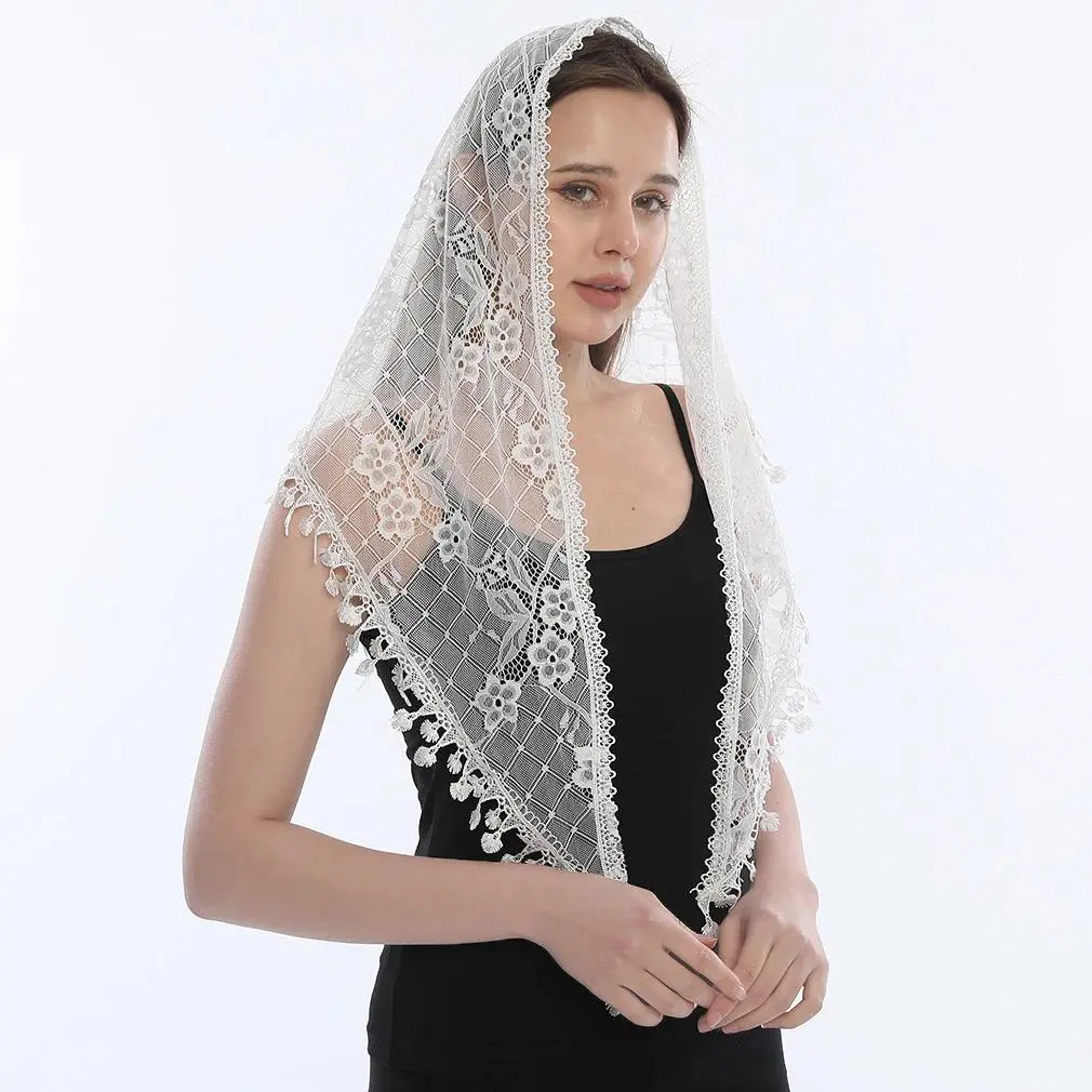 Fashion Church Shawl Lace Veil Polyester Scarf Bandana Church Prayer Wedding Mantilla Chapel White Embroidered Hijab Women Scarf
