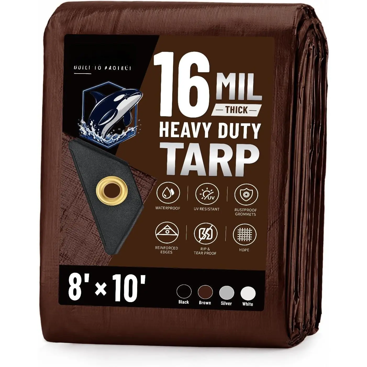 Tarps Heavy Duty  8x10 , Extra Thick 16 Mil (Brown) |  & Fade Resistant, UV Blocking, Outdoor Tarp with Reinforced Grommets for Roof, Camping, Patio, Pool, Boat