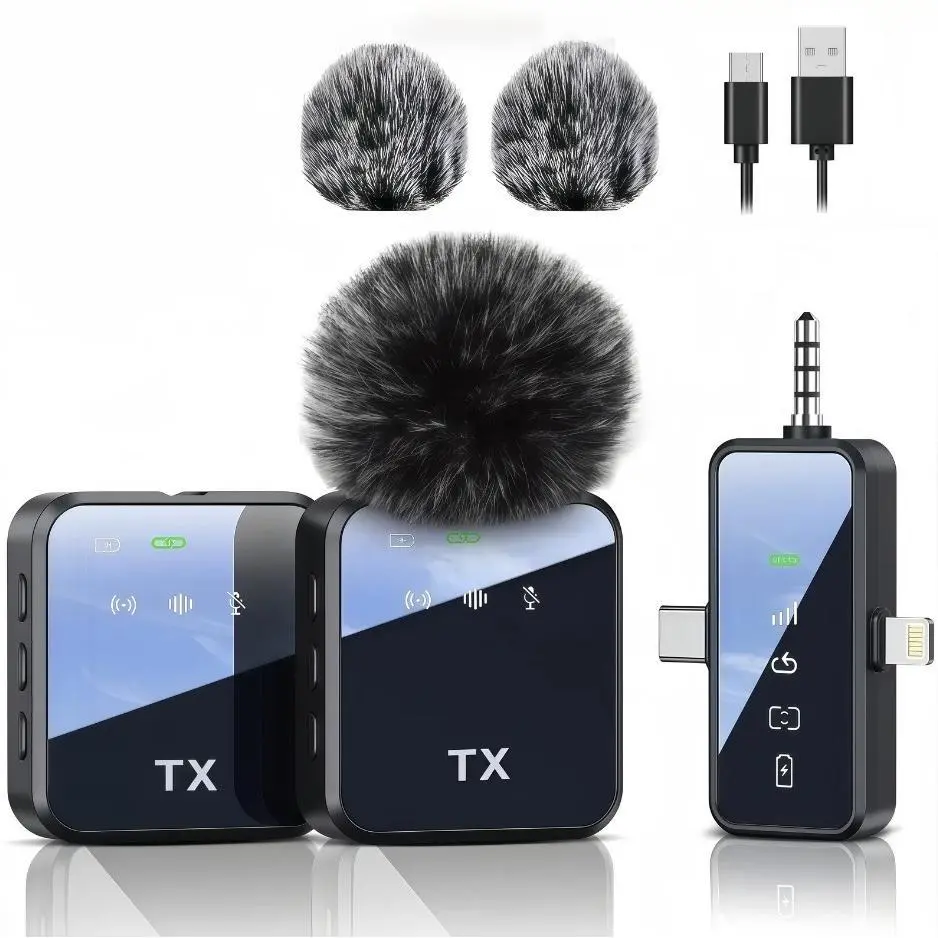 3 in 1 Microphone for iPhone/Android/Camera, 2-Pack Wireless Lavalier MicrophoneWireless Lavalier Microphone, 328ft Transmission, Mini Microphone for Record Interview, Vlogs, YouTube, Tiktok Smartphone Audio