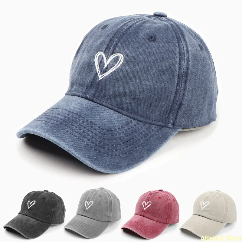 Vintage Distressed Baseball Hat for Adults, Unisex Washed Fabric Cap with Heart Motif for Outdoor Sun Protection, Distressed Fabric, Unisex Fit, Stylish Retro-Washed tiktokshopbacktoschool