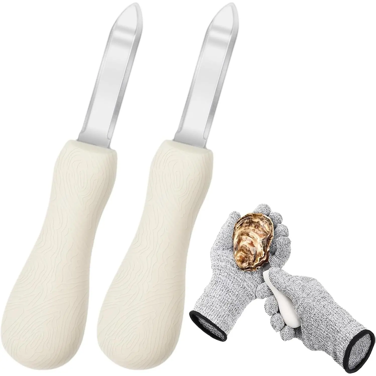 2 x Oyster Knives + Gloves Seafood Utensils Set - Professional-Grade Stainless Steel Oyster Opener, Cut-Resistant Gloves Included, Kitchen