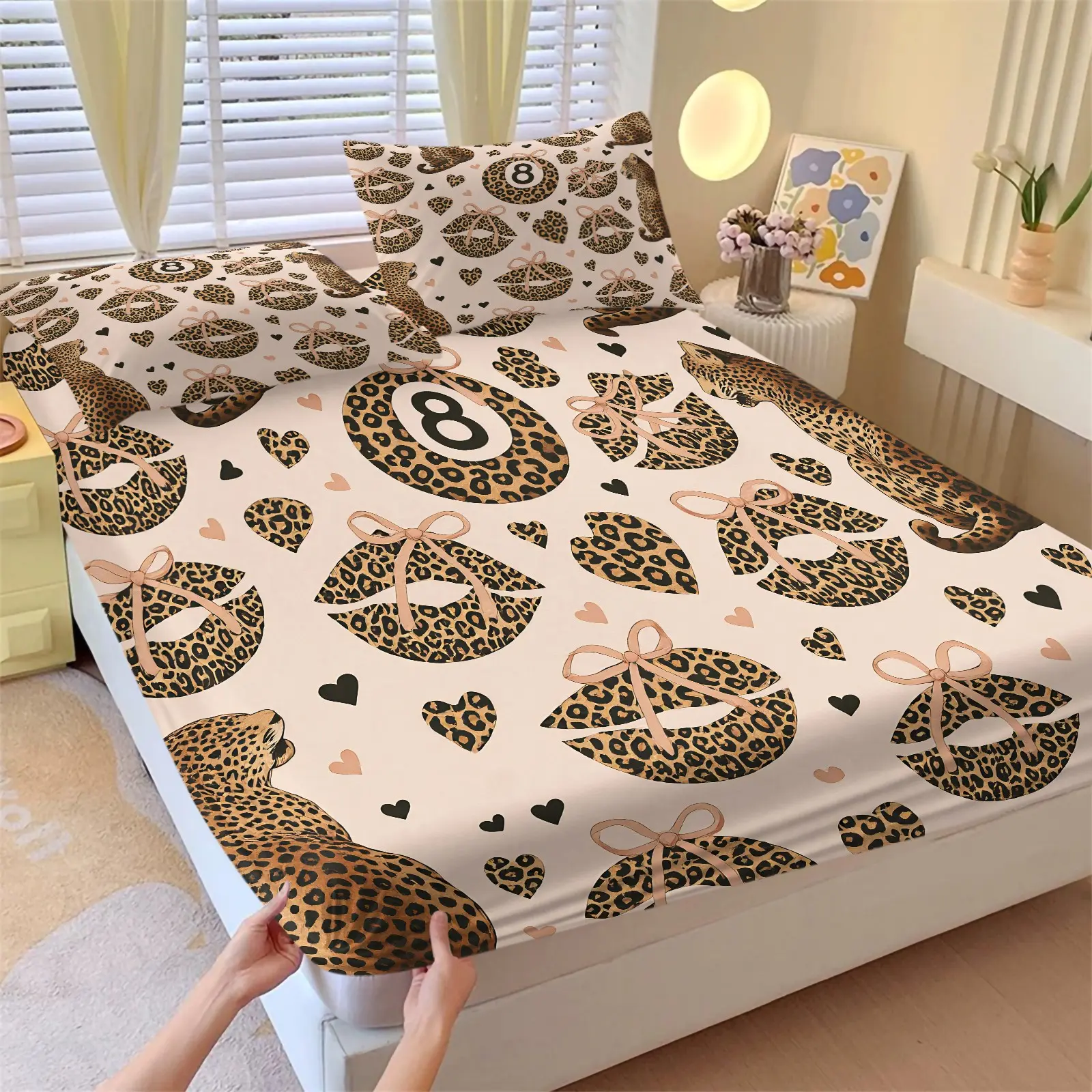 African Leopard Bow Lucky 8 Ball Fitted Sheet 3 Piece Breathable Sheets for Girls Teens Women - Y2K Cheetah Lips Print Bed Sheets Trendy Coquette Cute Bwoknot Bedding Set Preppy Black Brown Stars Heart Sheets