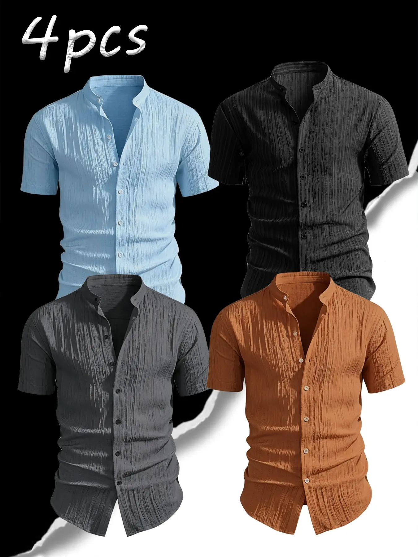 4pcs Men's Summer Short Sleeve Casual Shirts, Plain No Print Design, Lightweight Breathable Stand Collar Button Shirt, Ideal for Beach Poolwear