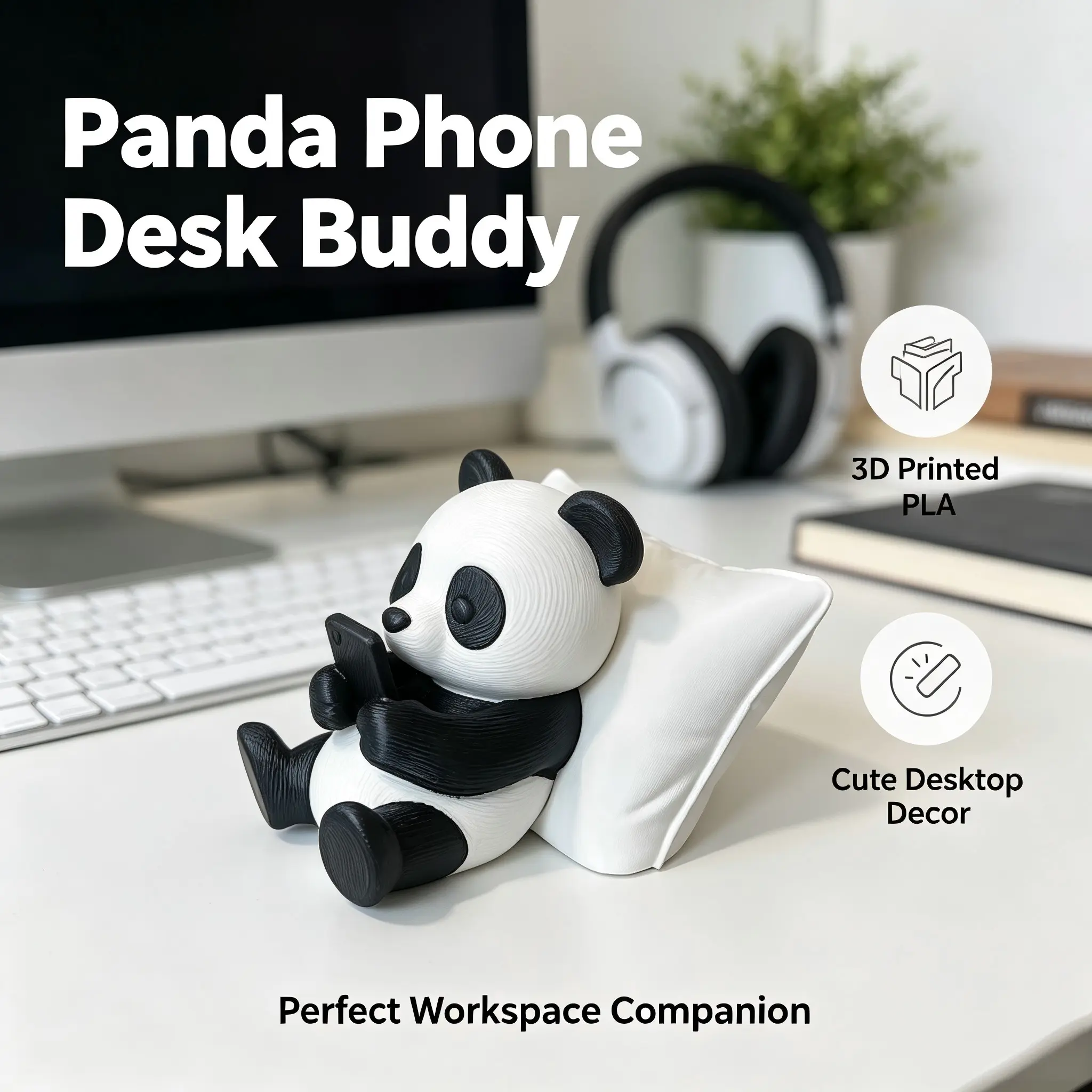 3D Printed Lazy Panda Desktop Decor, Pillow Included, Phone Playing Panda Figurine, Cute Desk Ornament, Unique Craft Gift Idea