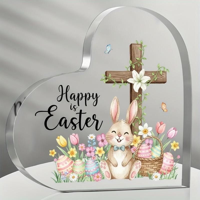 2D Acrylic Heart-shaped Decorative Plaque, Religious Gift, Home & Seasonal Decoration,with Bunny Easter Decor,Home,Cafe,Office,Room
