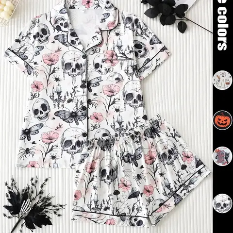 Women's Halloween Skull Floral Print Pajama Set, Nightwear Pjs, Loungewear, Collared Button Short Sleeve Top + Loose Shorts, Elegant Comfortable Home Wear, Printed Sleepwear Set