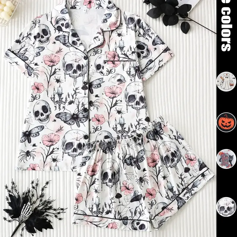 Women's Halloween Skull Floral Print Pajama Set, Nightwear Pjs, Loungewear, Collared Button Short Sleeve Top + Loose Shorts, Elegant Comfortable Home Wear, Printed Sleepwear Set