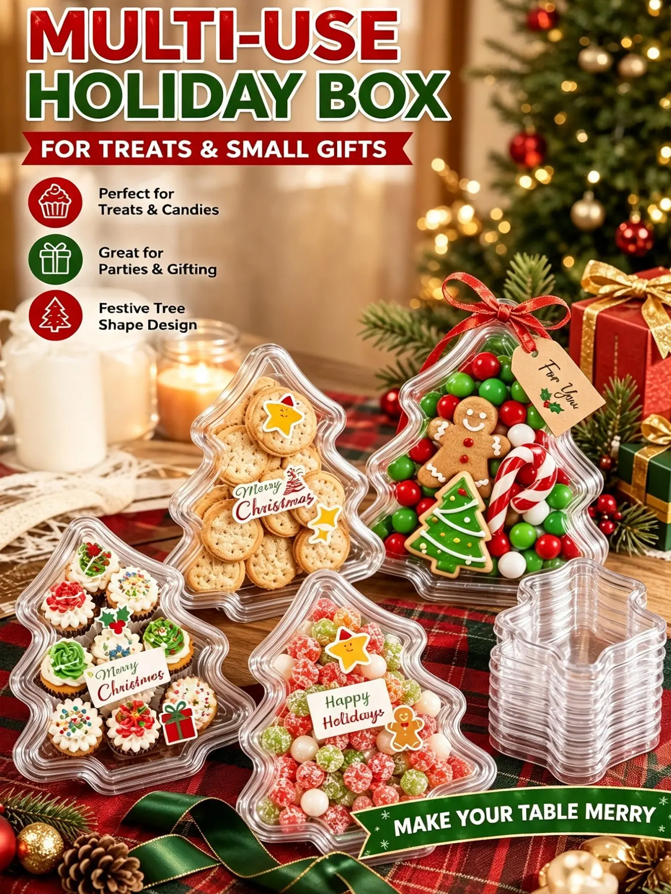 30-Piece Christmas Tree-Shaped Dessert Box Set, Clear Plastic Packaging for Candy, Cookies, Cupcakes, Ideal for Parties and Holidays