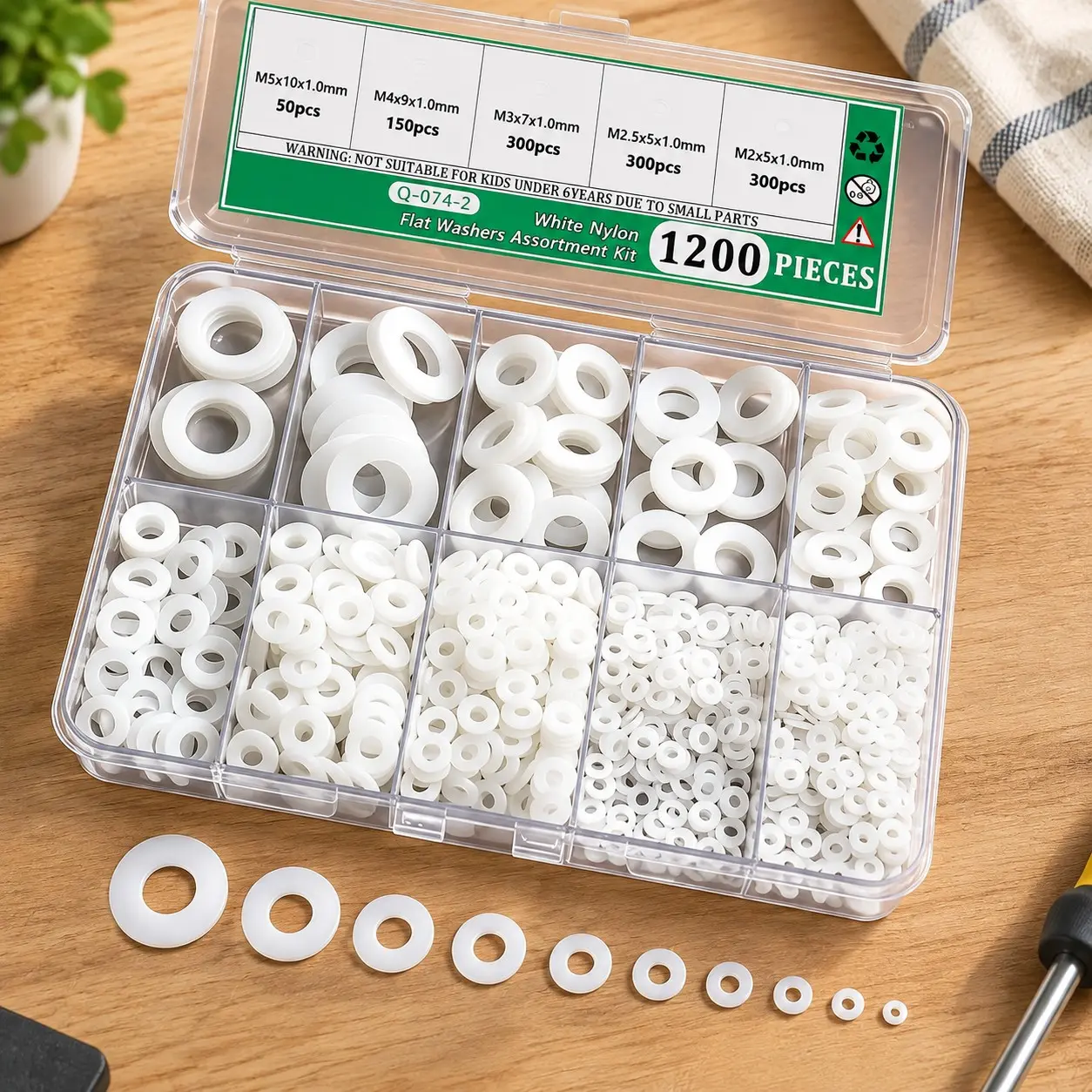 1200PCS White Nylon Washers Assortment Kit, Flat Washers for Bolts, 9 Metric Sizes Rubber Washers for Screws - M2, M2.5, M3, M4, M5, M6, M8, M10, M12Gift