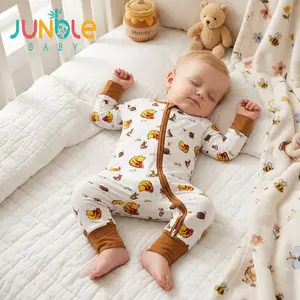 Junblebaby Bamboo Fiber Baby Onesie,baby pajama bamboo zipper romper, cartoon Winnie the Pooh and the honey pot, rabbit print ,Christmas gift, Baby Clothing Long Sleeve mitten cuff foot  Romper with 2-Way Zipper, Daily Loungewear for Baby Boy Clothes