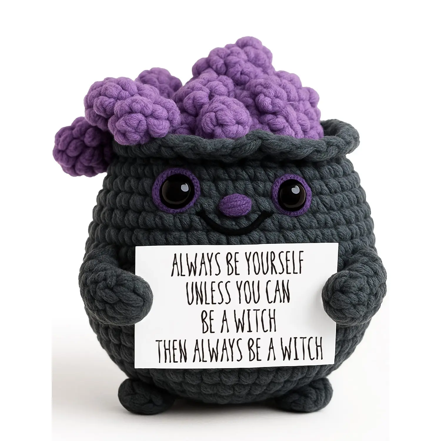 Handmade Crochet Witch Cauldron Plush Doll Purple Bubble Design Funny Witch Quote Card Mini Knitted Pot Toy Halloween Desk Decor Gift For Witch Lovers