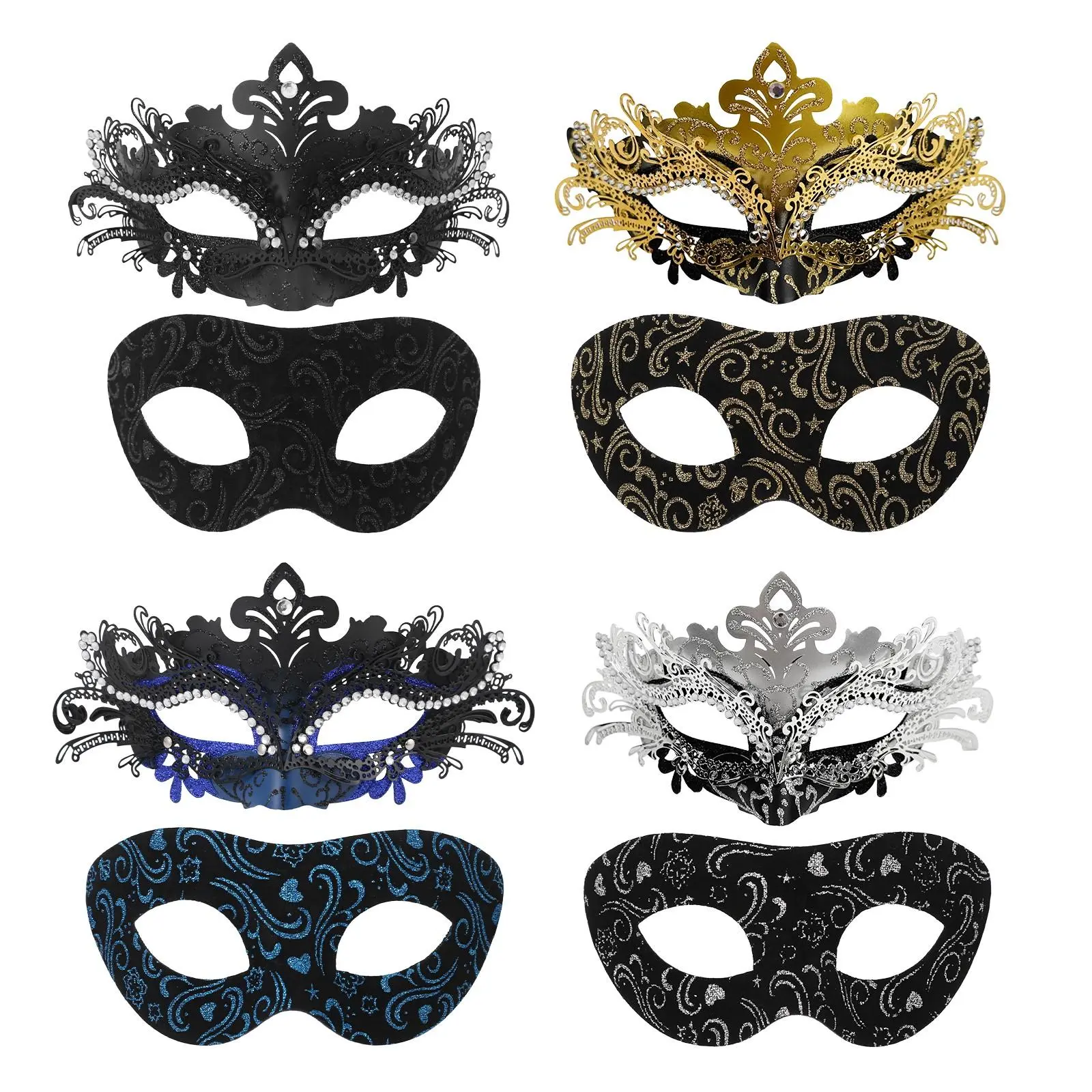 Adult Selectable 2-Piece Venetian Masquerade Mask Set for Couples, 1 Size Fits All, Lightweight Plastic+Metal Accessories with Glitter, Matte Finish, Cutout Stones, Comfortable for Halloween, Costume Parties