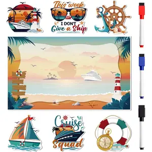 Door Decorations Magnetic, 7 Pcs Retro Sunset Beach Nautical Vacation Cruise Magnets, Cruising Essentials Fun Ship Cabin Door Signs Fridge Decor, with 3 Pcs Pens