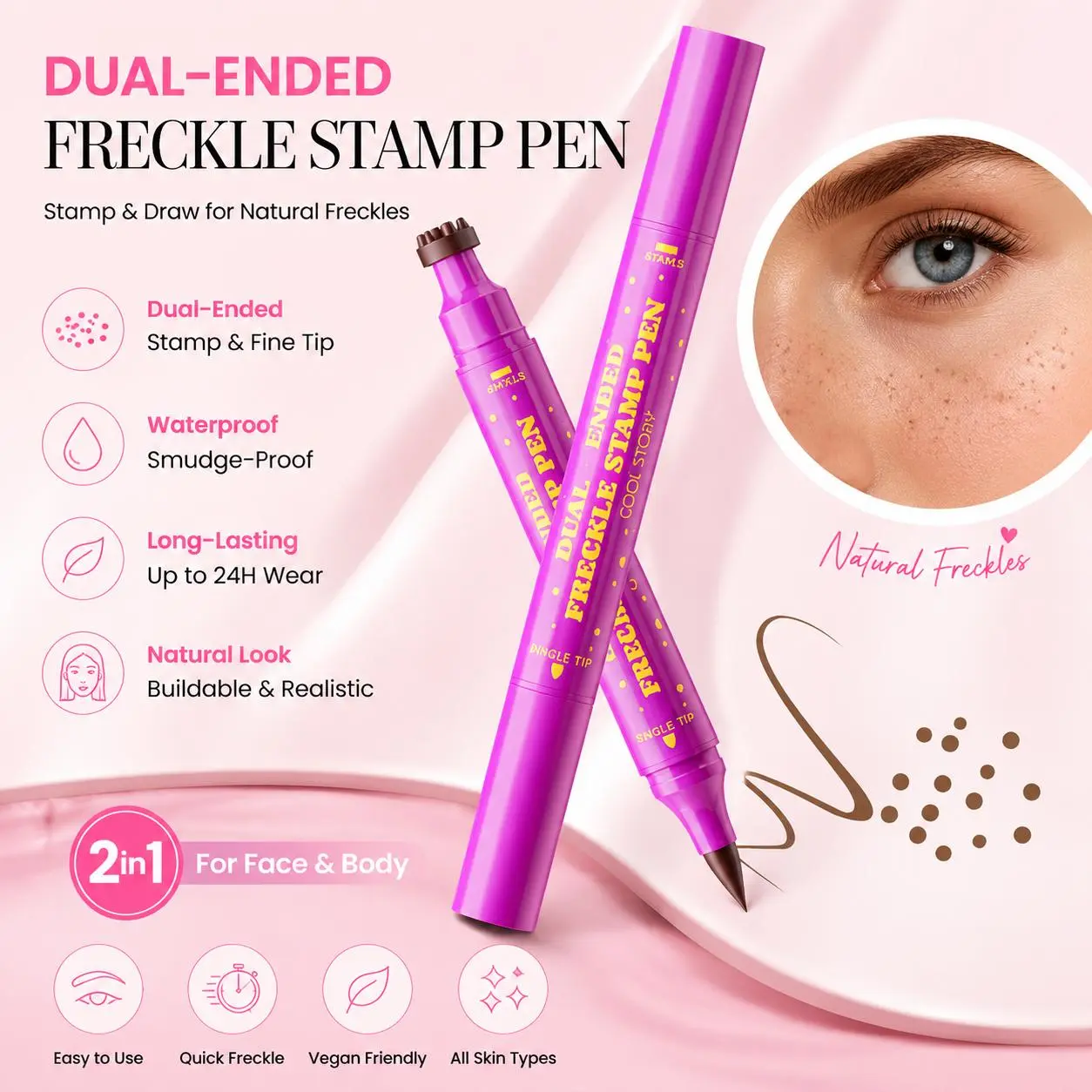 Waterproof Faux Freckle Pen, Dual-Ended Freckle Stamp and Precision Makeup Marker, Natural Realistic Fake Freckles for Face, Nose and Cheeks, Long-Lasting Smudge-Proof Beauty Tool