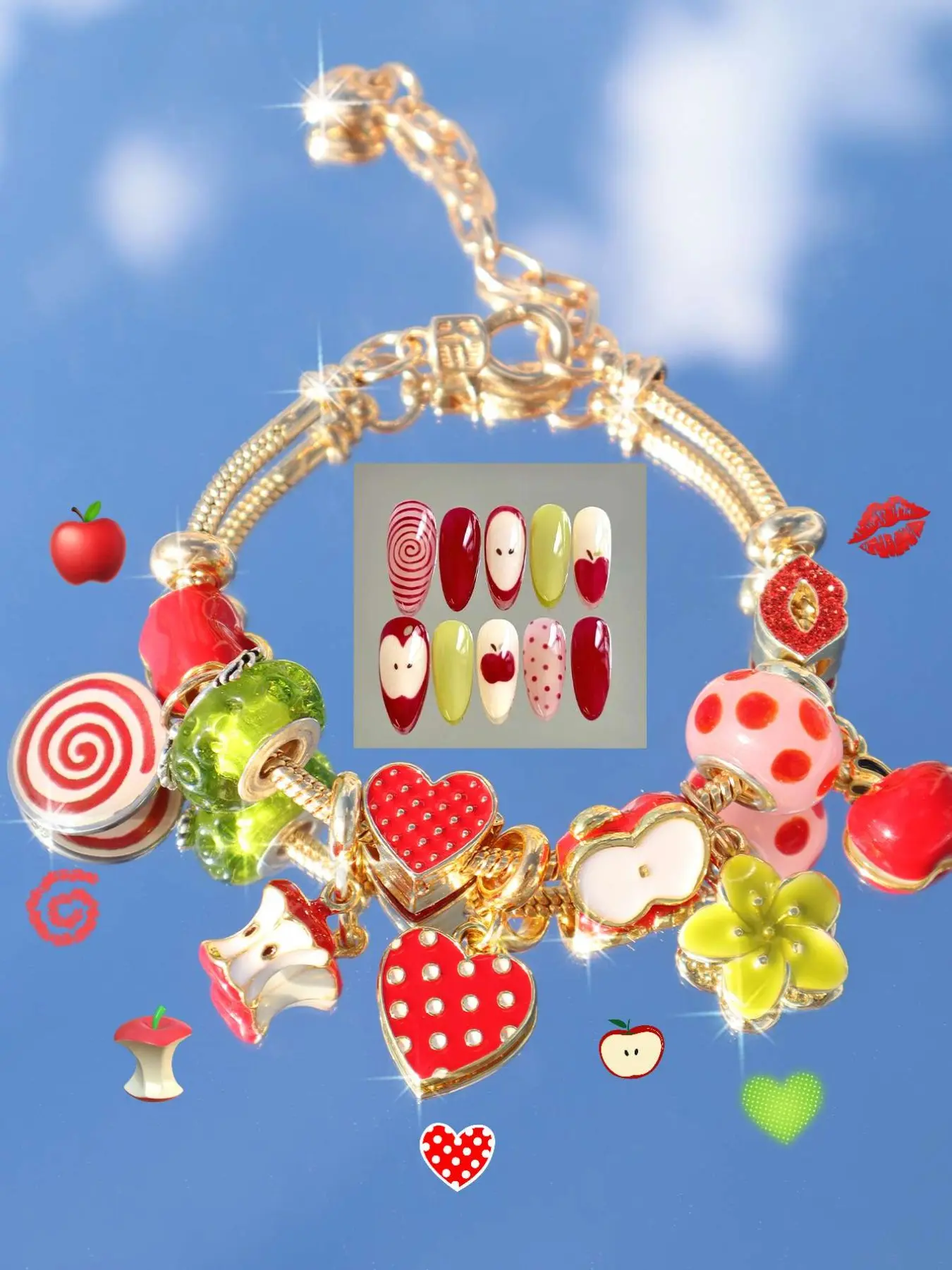 Polka Dot Apple Charm Bracelet, Heart Swirl Flower Design, Fashionable Bracelet Style, Fashionable Jewelry Accessory, Perfect Gift Idea