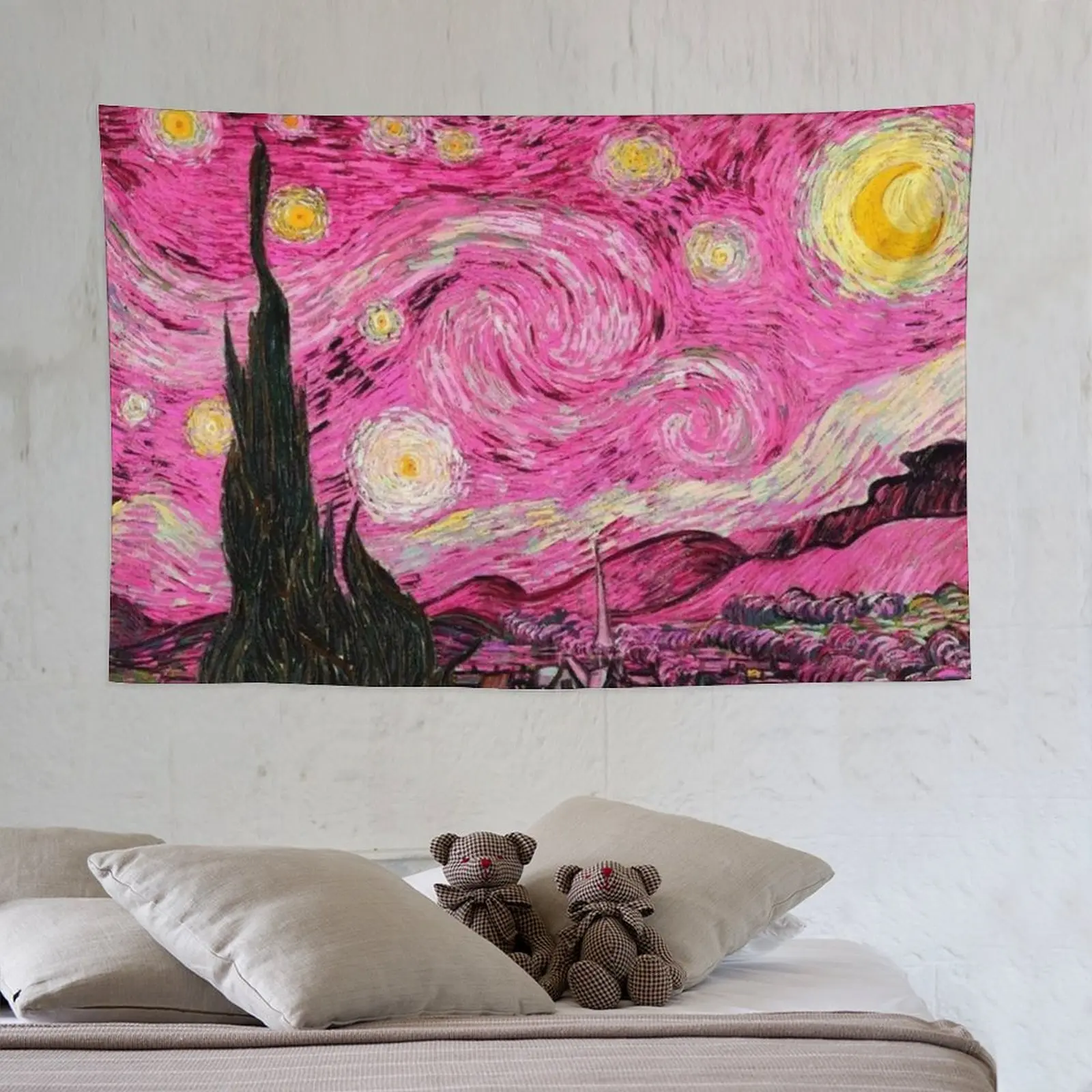 Pink Starry Night Wall Flag, Aesthetic Van Gogh Style Banner, Pastel Pink Bedroom Decor for Girls, Dorm Room Aesthetic Tapestry, Coquette Room Decor, Gift for Art Lovers, Cute College Apartment Banner, 3x5 Ft Polyester Hanging Flag