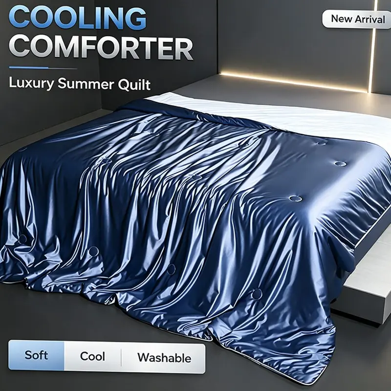 Luxury Silky Satin Cooling Bed Quilt, Ultra Soft Lightweight Summer Comforter, Breathable Cold Touch Blanket, Double Sided Washable Duvet