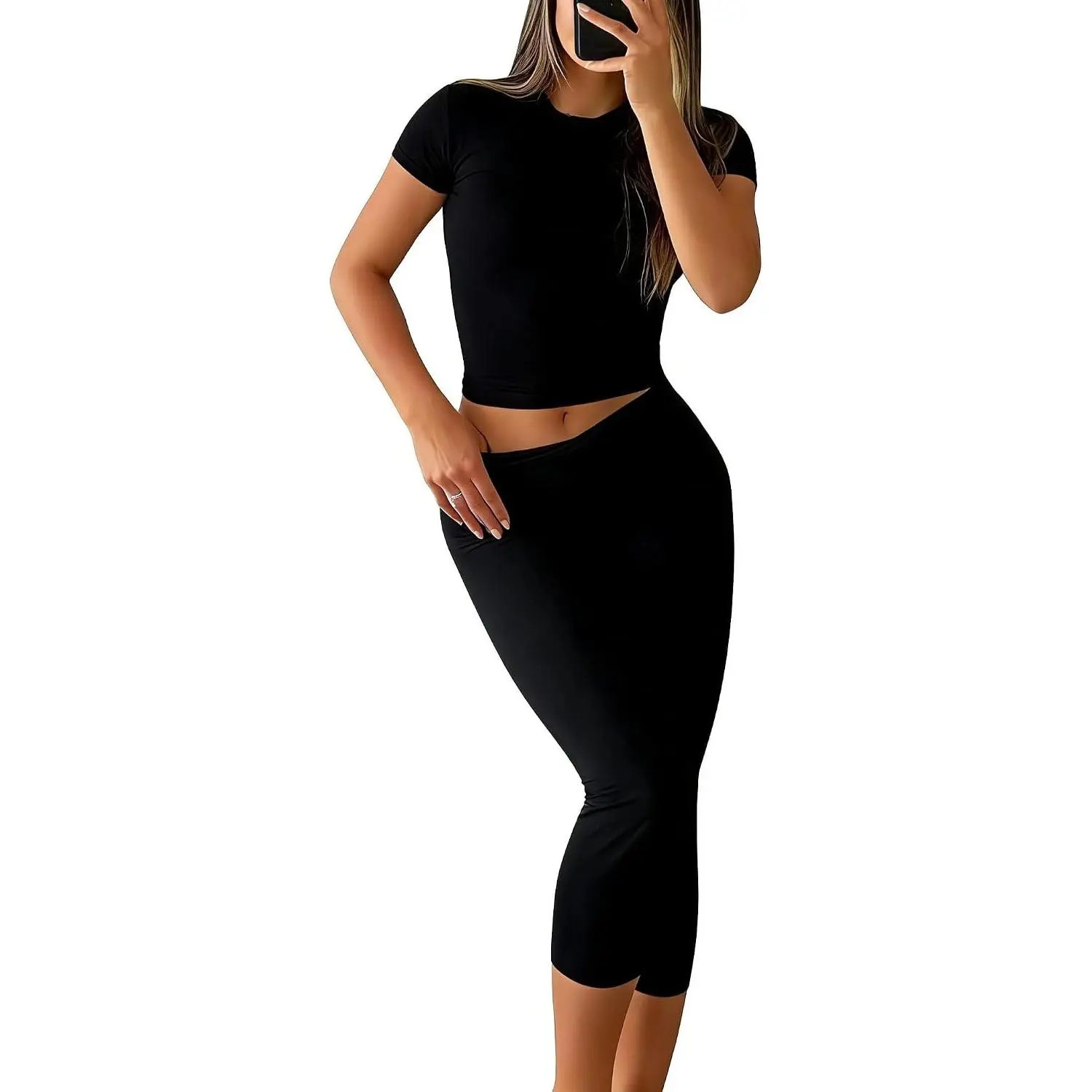 Womens 2 Piece Workout Sets High Waisted Tummy Control Crop Top Capri Leggings Stretchy Soft Activewear
