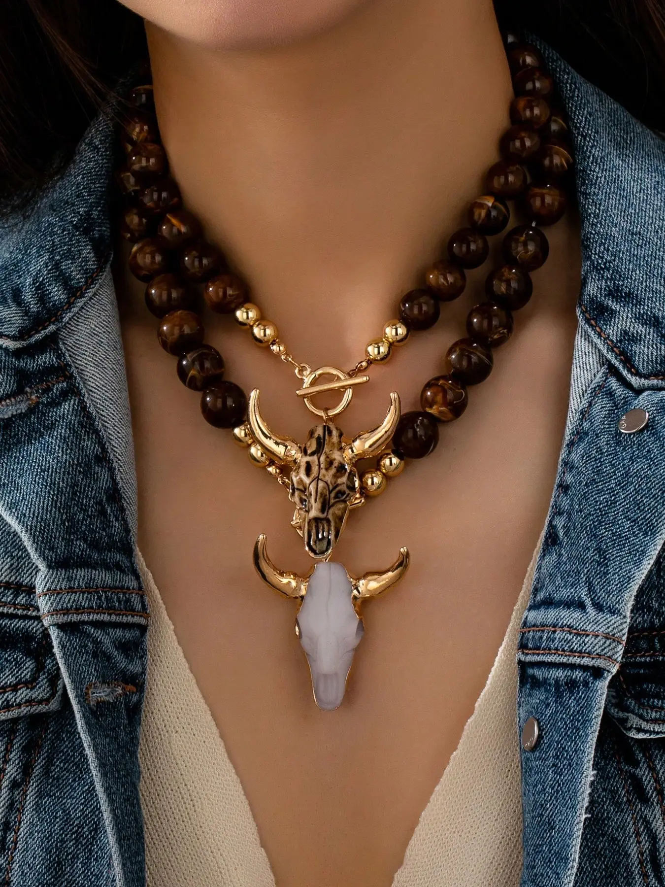 2-Piece Western Cow-Skull Pendant Necklace Set for Women, Natural Tiger's-Eye Bead Statement Jewelry, Vintage Cowboy Bohemian Gift for Her