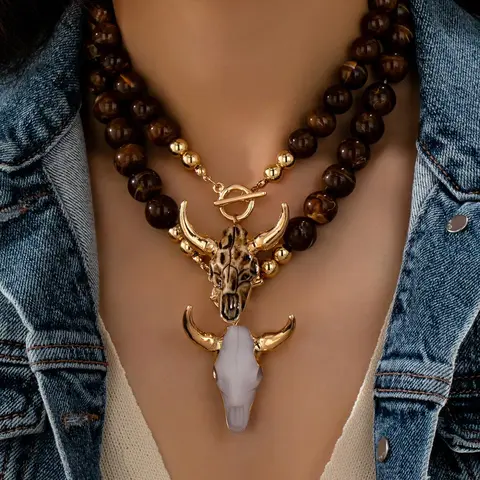 2-Piece Western Cow-Skull Pendant Necklace Set for Women, Natural Tiger's-Eye Bead Statement Jewelry, Fashionable Accessory, Vintage Cowboy Bohemian Gift for Her