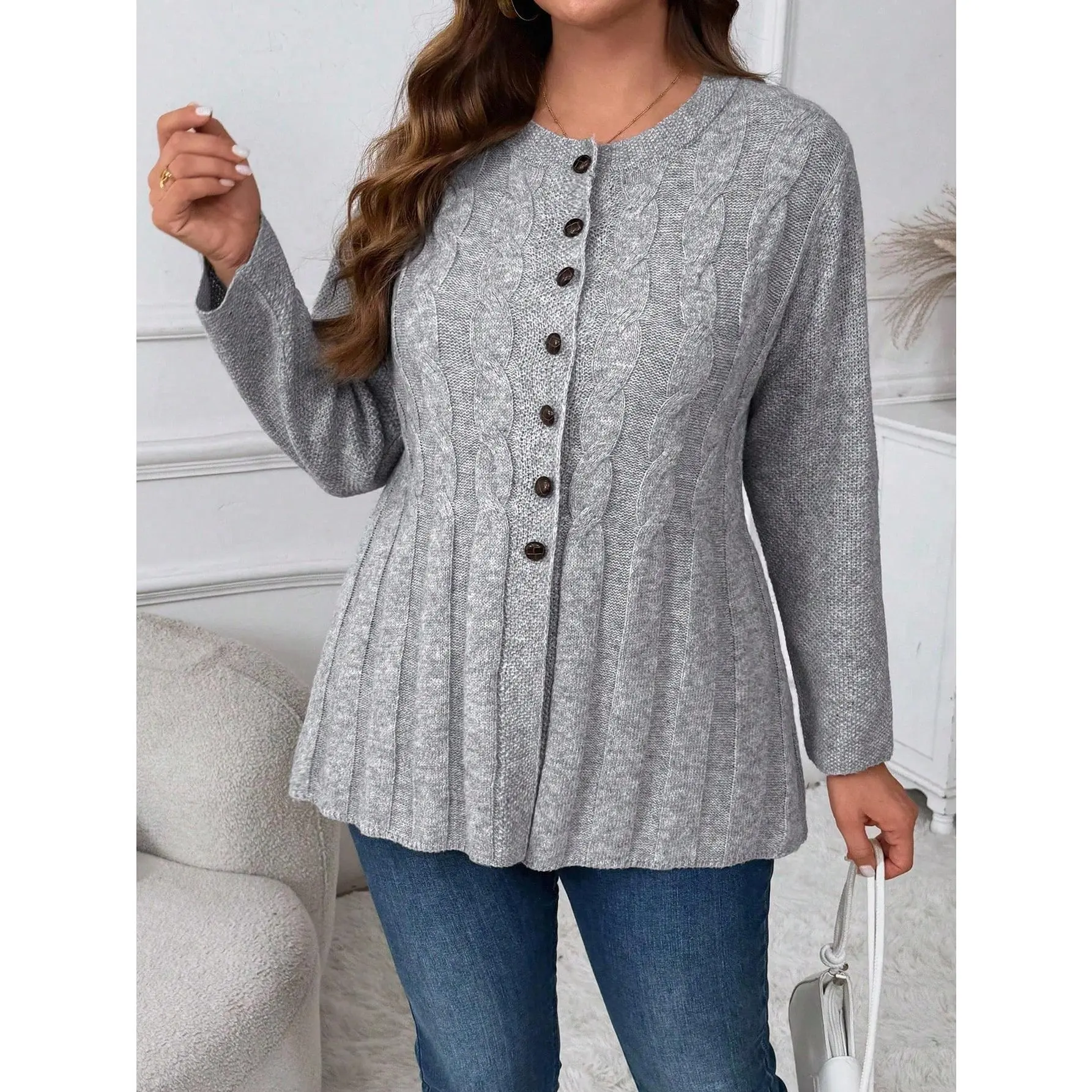 Plus Size Cable Knit Button Down Cardigan Sweater Crew Neck Knitted Outerwear Coats