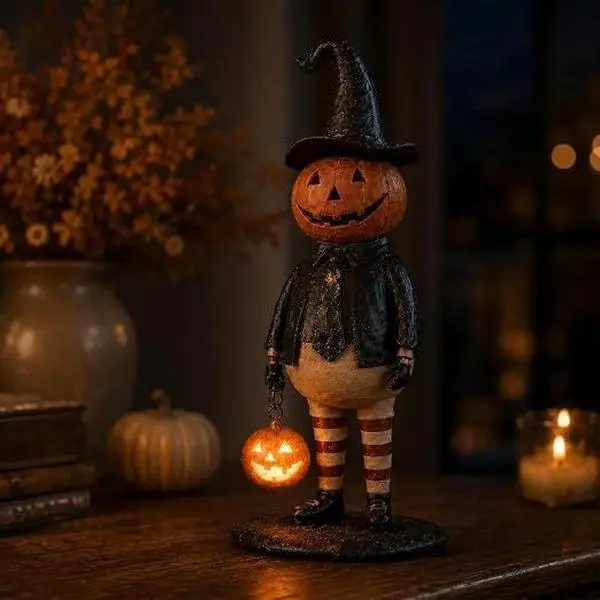 Light Up Pumpkin Wand & Vintage Ghost Ornament, Halloween Decorative Figurines for Party Home Decor