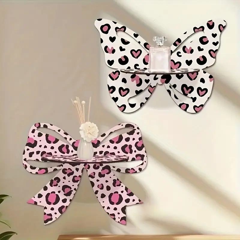1Pc Wooden Storage Shelf with Pink Butterfly Leopard Print, Minimalist Decor Display Rack, Wall Art Shelf for Home Bedroom Bar Decor