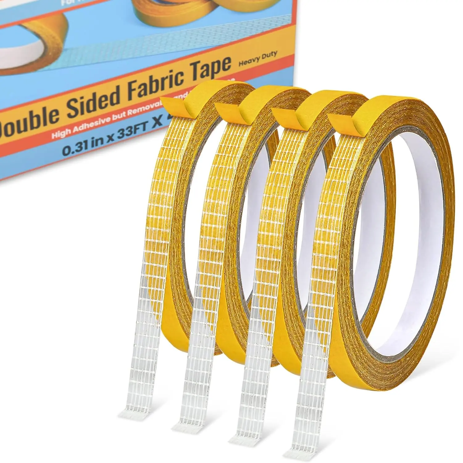 Double Sided Fabric Tape Heavy Duty for Hemming, No Sewing or Ironing Need | Fashion Dress, Cloth, Curtains, High Adhesive Sticky but Removable, 0.31in x 33FT/10m x 4Rolls