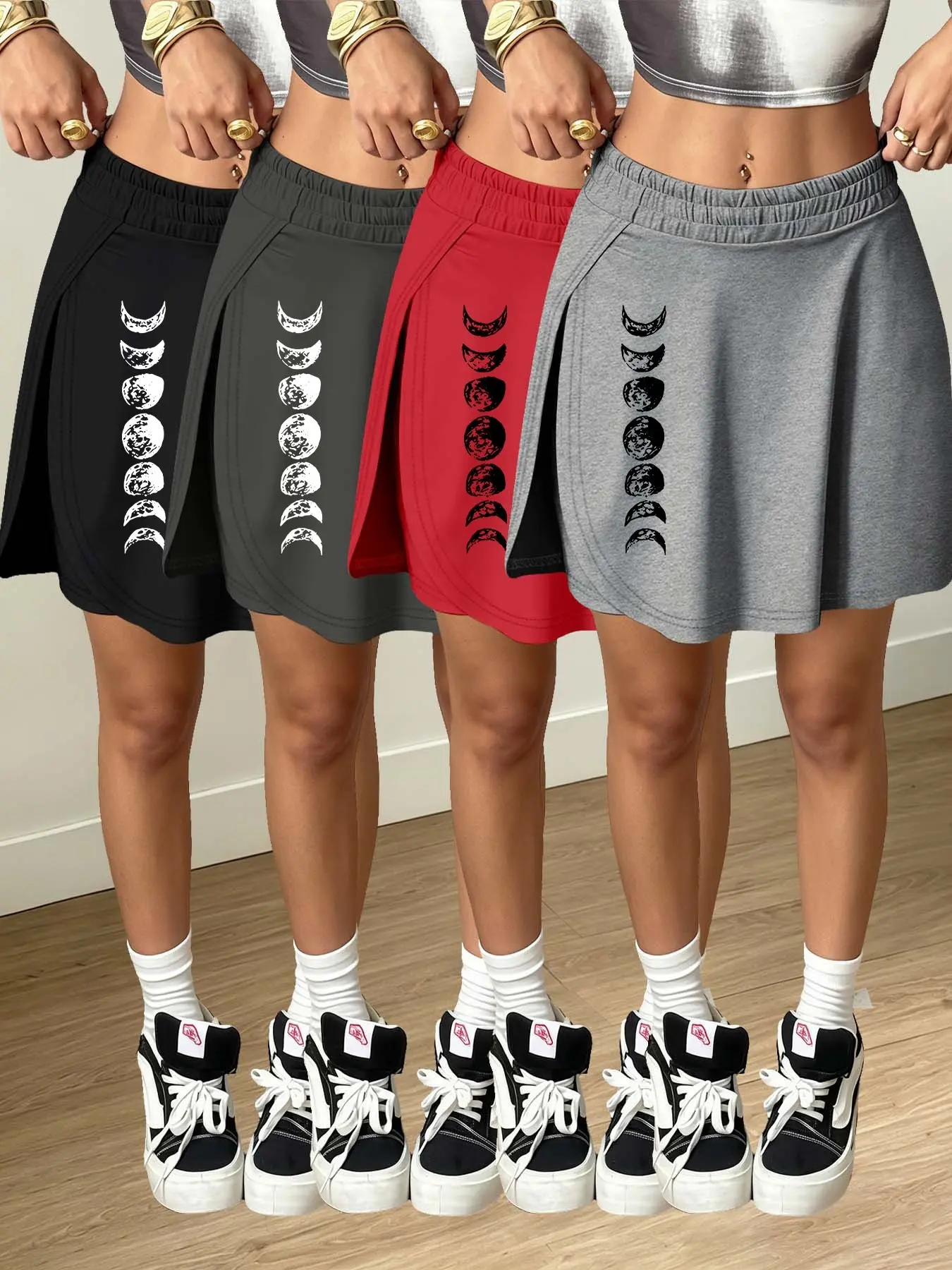 4-pack Moon Phase Pattern Print New Women's Daily Casual Fashion Light Sport Solid Color Bottoms Versatile Multiple Colors Available Commuting Streetwear Slimming Short's Bottoms Anti-exposure Skort
