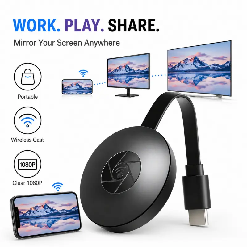 HDMI Screen Cast Dongle Wireless WiFi Mirroring Adapter Miracast Display Receiver Sync Media Files Wirelessly to Television Monitor Projector Home Office Presentation Electronic Gadgets