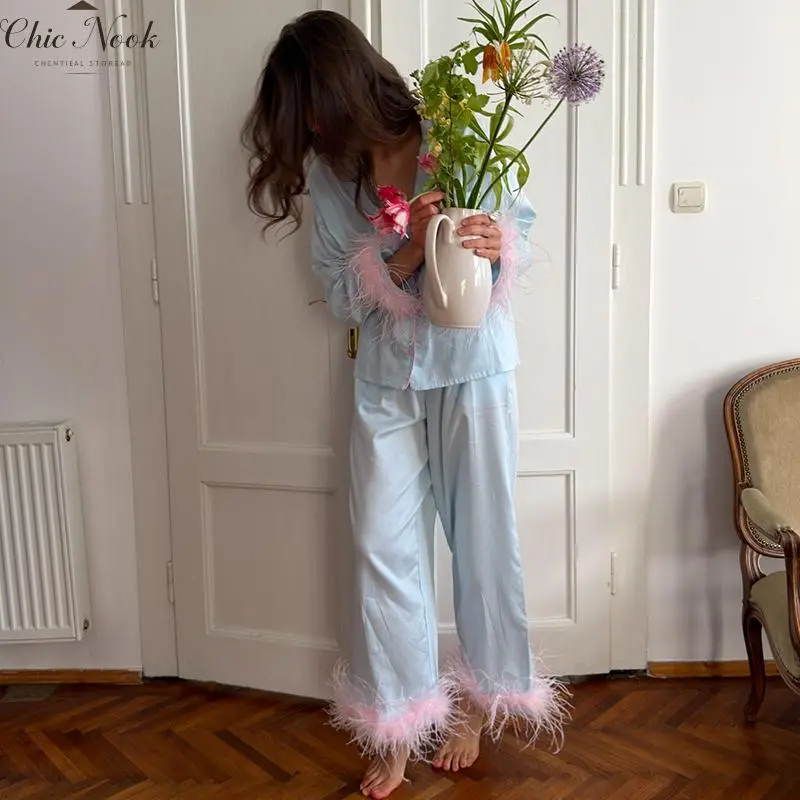 Feather Pajamas for Women Long Sleeves Button Down Shirt Lounge Pants Set Satin Silky Bridal Pjs