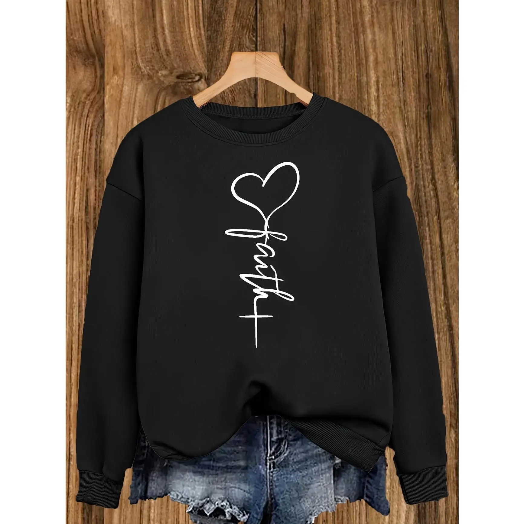 Heart Cross Graphic Oversized Cotton Sweatshirt, Cute Religious Outfit Fashion Top, Best Valentine’s Day Gift For Her, Perfect Holiday Present For Family & Loved Ones