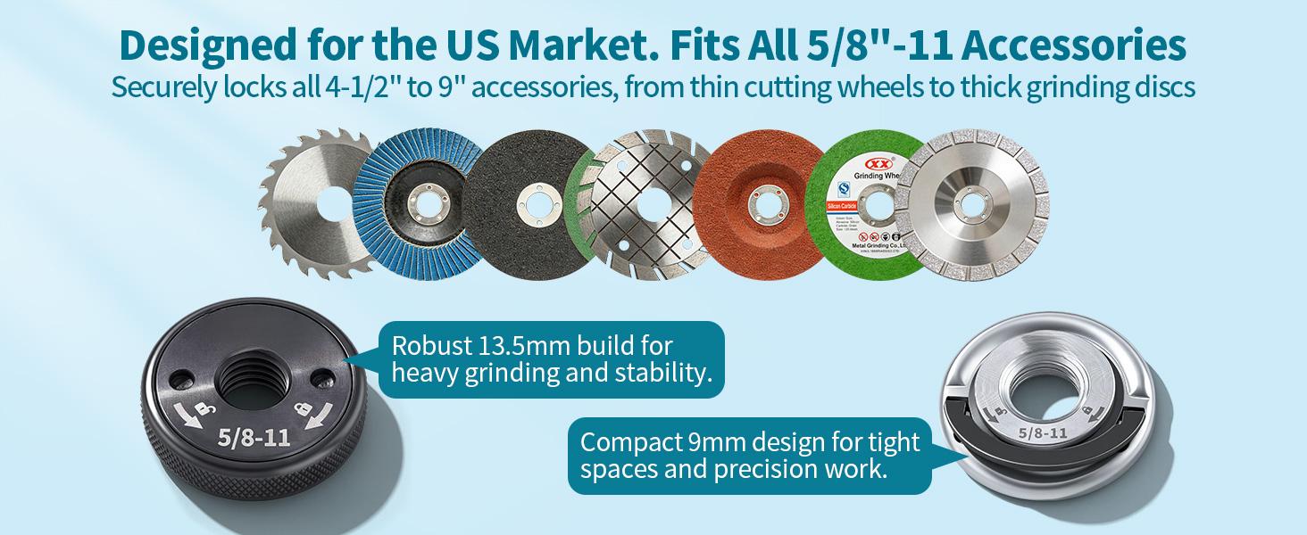 5/8"-11 Angle Grinder Flange Nuts 2-Pack Tool-Free Quick Release Locking Kit Silver D-Ring Knurled Arbor Nut Heavy Duty Self-Locking for 4-1/2 5 7 9 Inch Grinders Must Have DIY Tool Upgrade