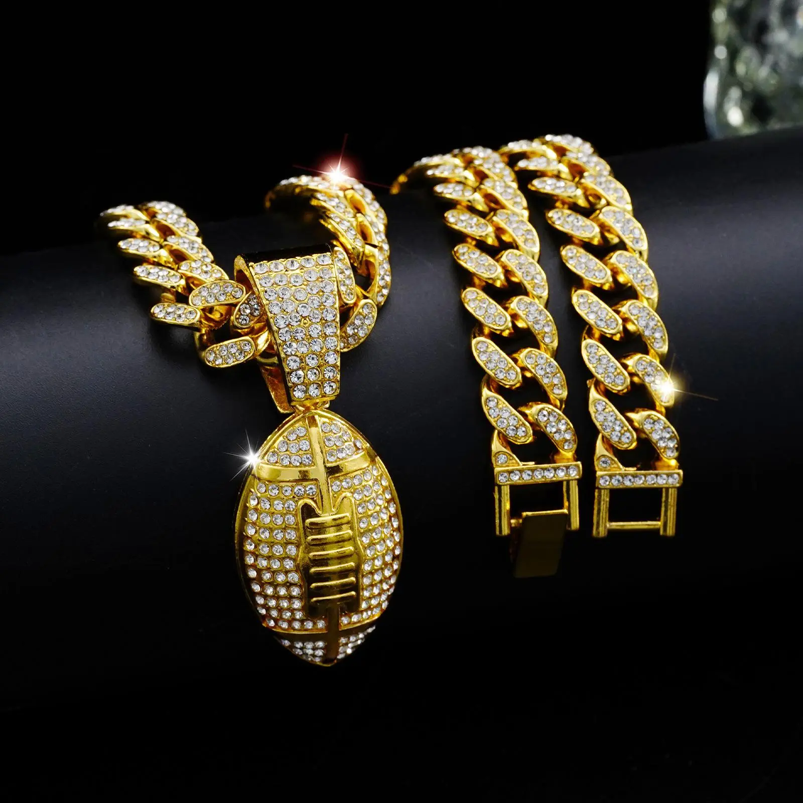 Men's Chain Jewelry Necklace, Iced Out Football Pendant with Gold-Tone Thick Cuban Link, Hip Hop Statement Jewelry, Chain Jewelry Necklaces