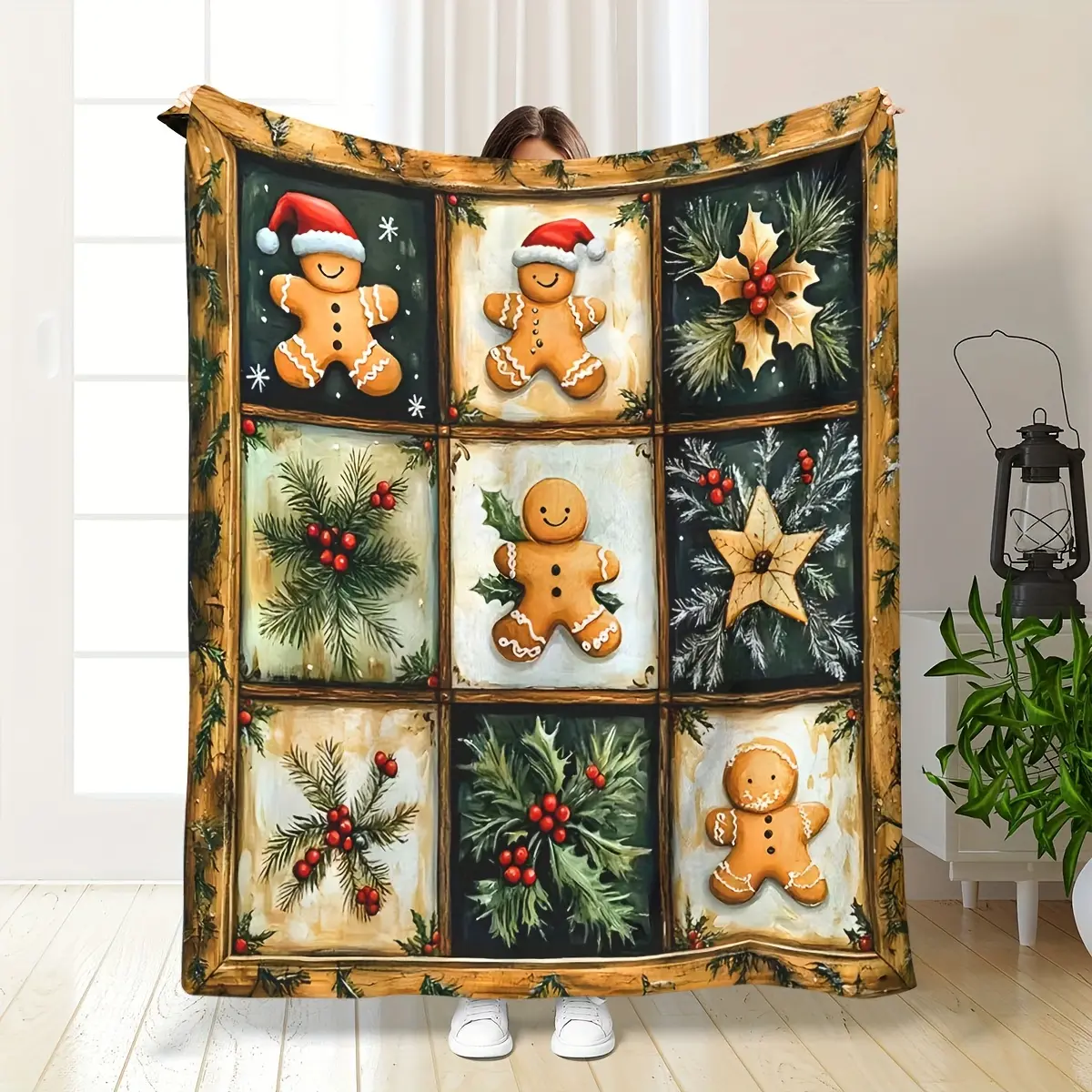 1Pc Modern Christmas Chunky Patterned Blanket - Vintage Gingerbread Man, Teddy Bear & Gift Grid Flannel Fleece, 100% Polyester Knitted, 200-250Gsm, Warm, Soft, Breathable, Contemporary Digital Print, Machine Washable, Cozy for Infant & Adult All Seasons
