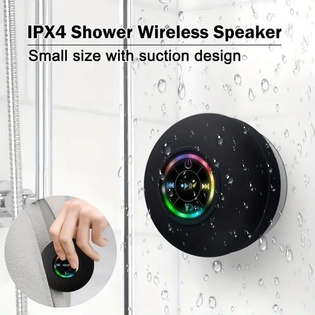 Mini Bluetooth Shower Speaker with LED Light, Portable IPX4 Waterproof, Hands-Free Speakerphone, Rechargeable Using Micro USB, Wireless Stereo for Beach, Shower & Home