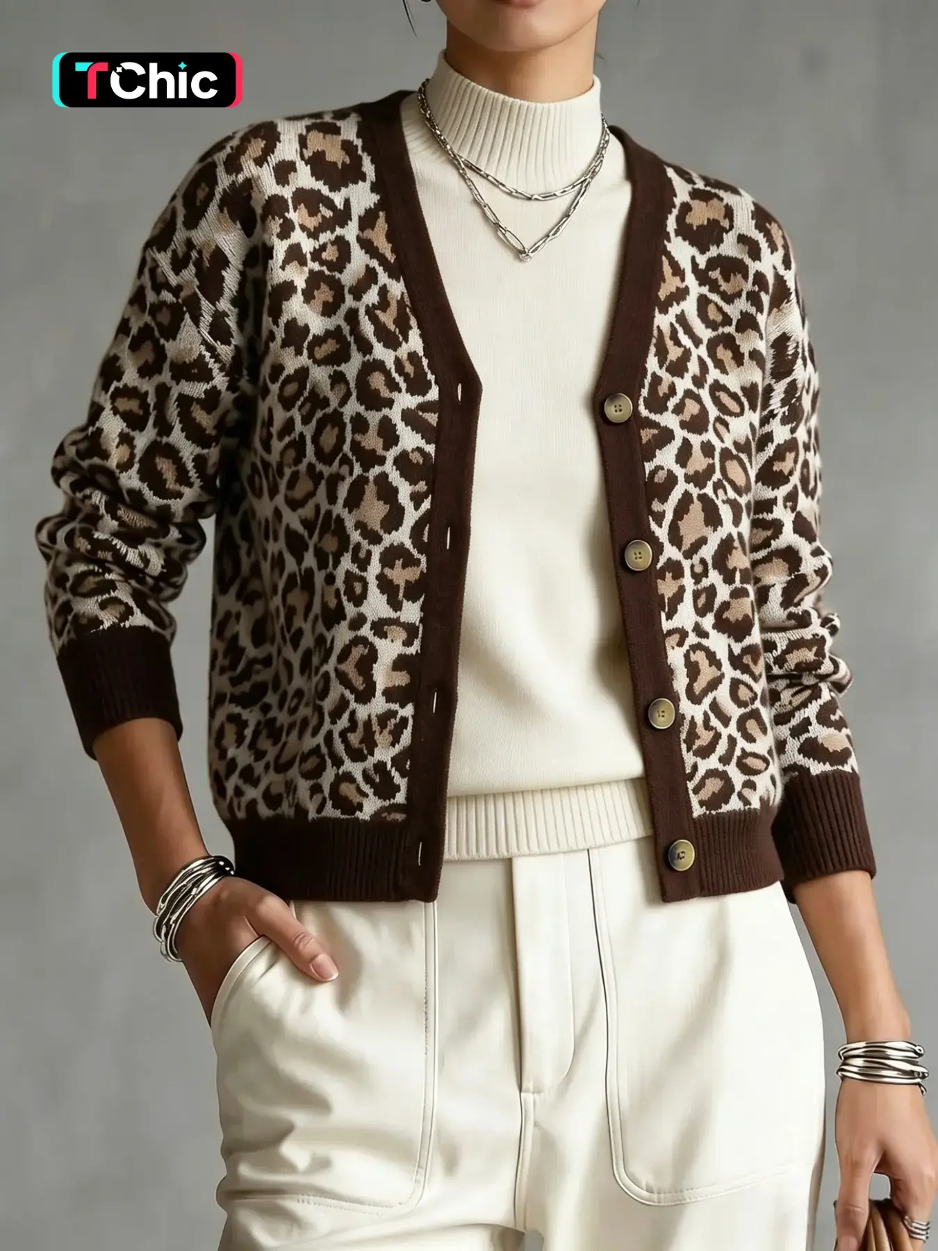 Women's Leopard Print V-Neck Knit Cardigan, Colorblock Ribbed Hem, Button Front, Long Sleeve Fall Winter Casual Sweater Coat, Knitwear