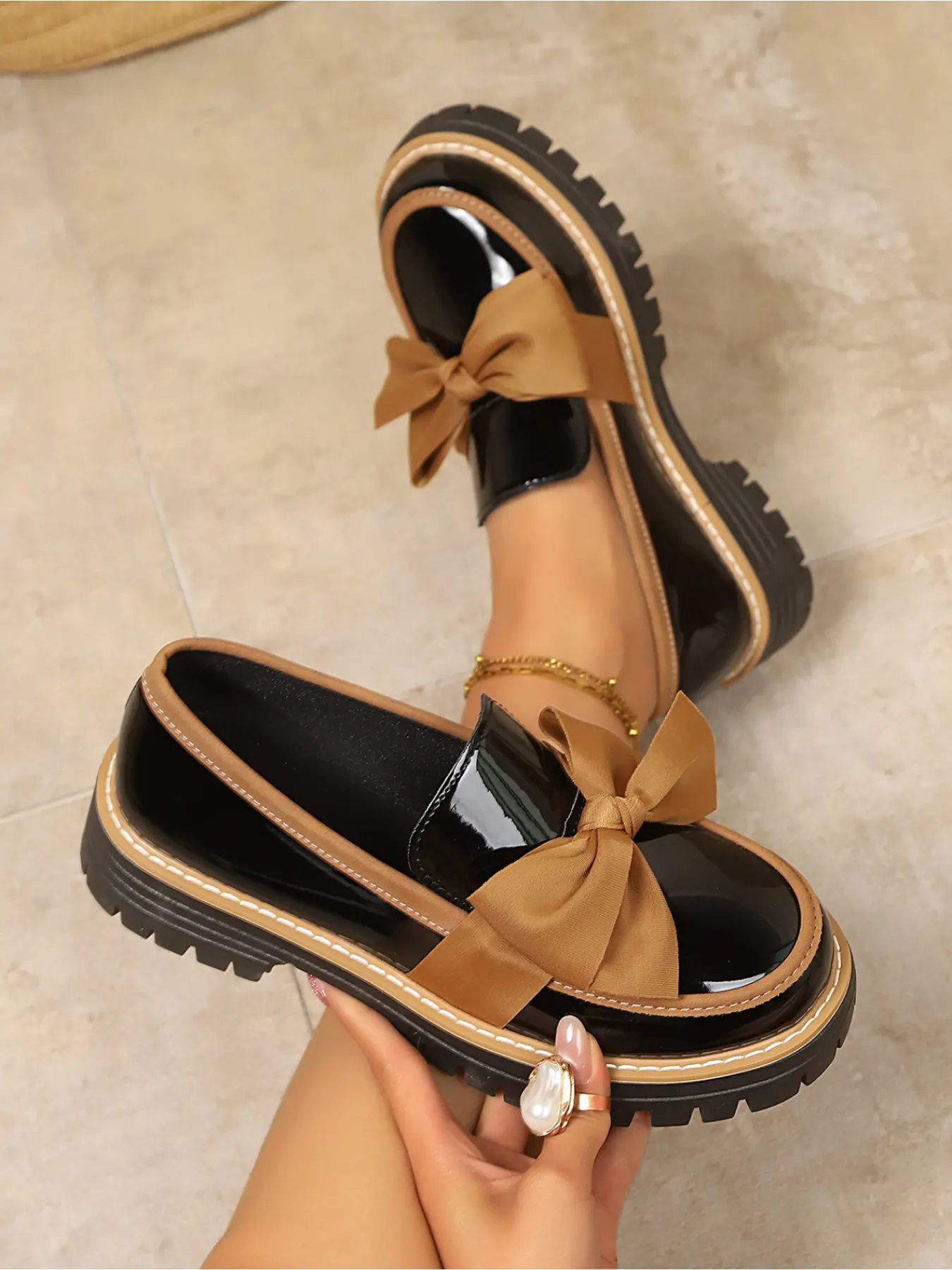 Women Sweet Big Bow Platform Loafers Glossy Slip On Lug Sole Fashion Dress Shoes Comfort Height Increase Non Slip Preppy Flat Shoes For Daily Date Holiday Party Gathering Daily Wear Shoes