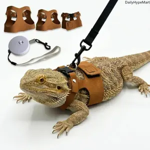 Soft Leather Harness and Leash Set, 3-Pack with 3 Adjustable Sizes (S/M/L) for Bearded Dragons, Lizards, and Small Animal Pets
